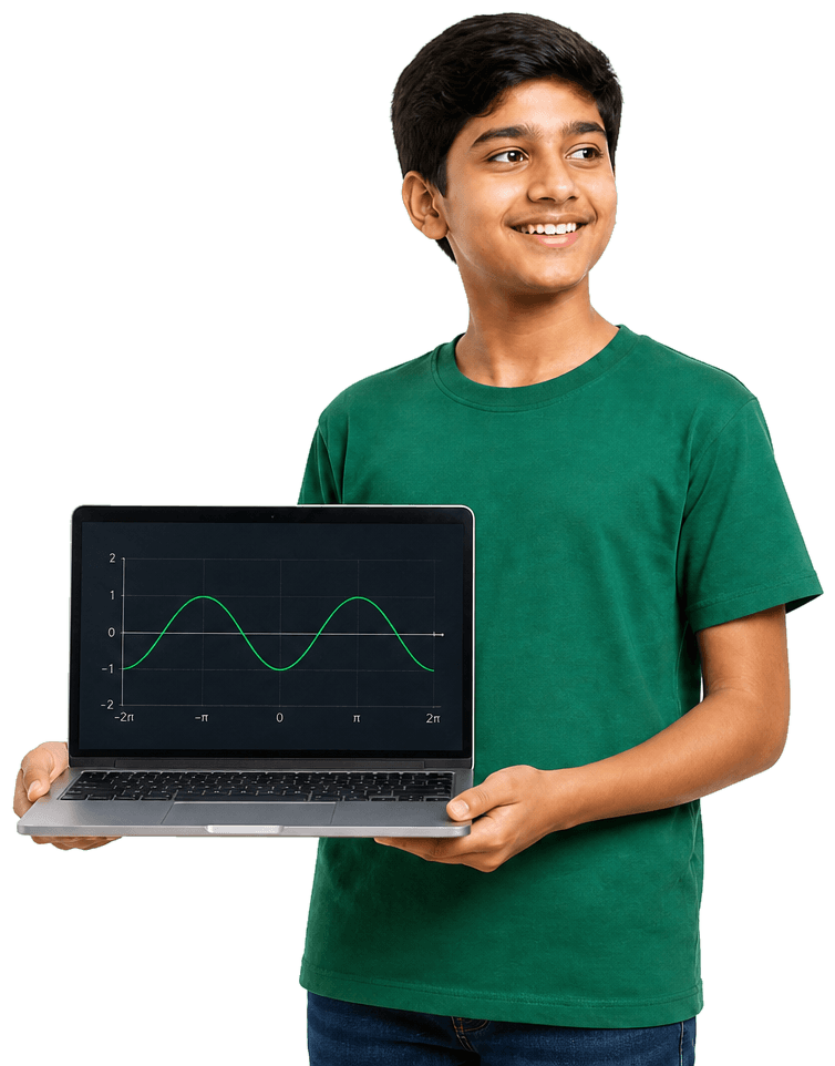 A student holding a laptop with a trigonometry graph on screen